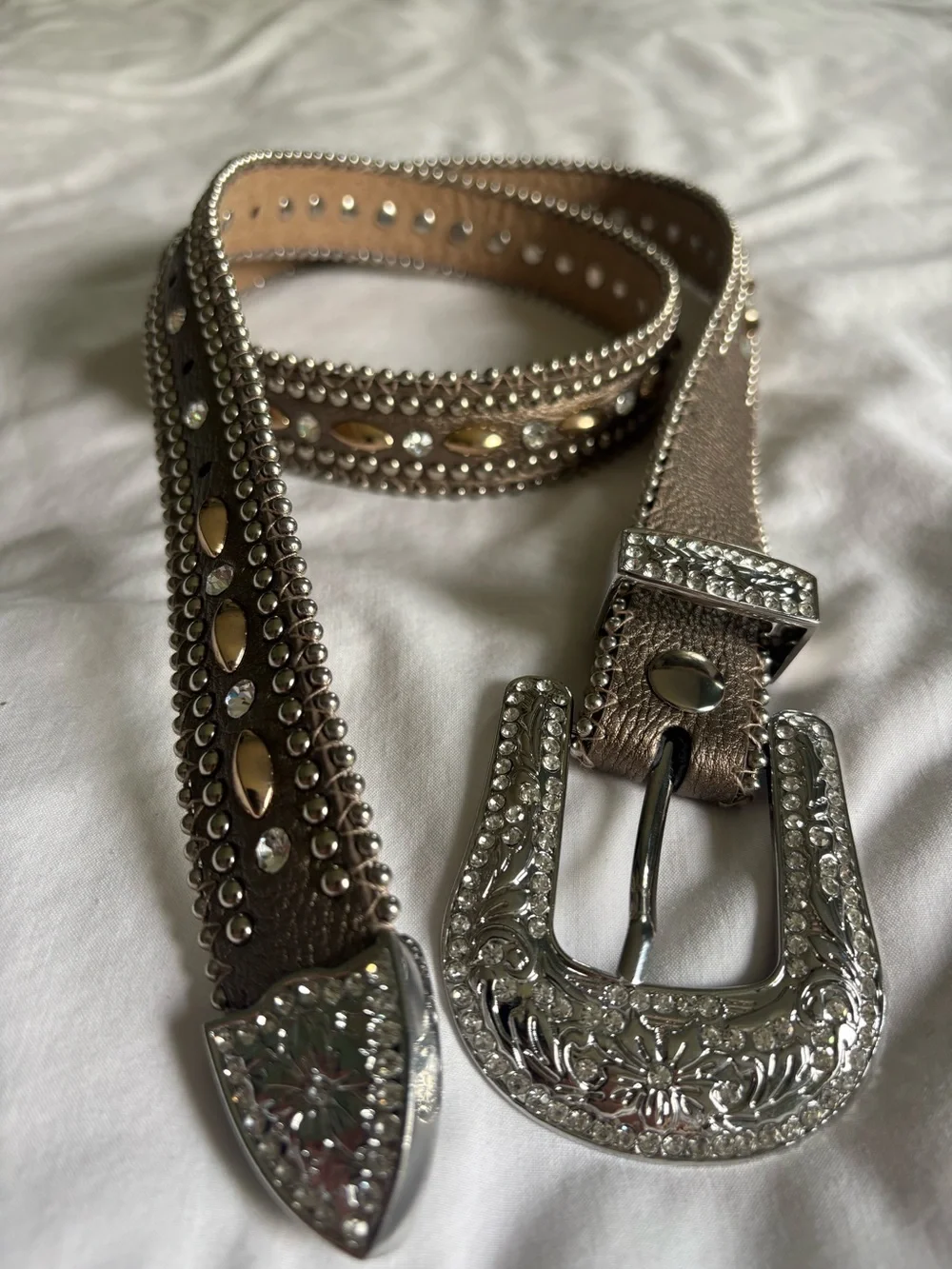 Genuine Leather Rhinestone Western Belt Brown Sz S